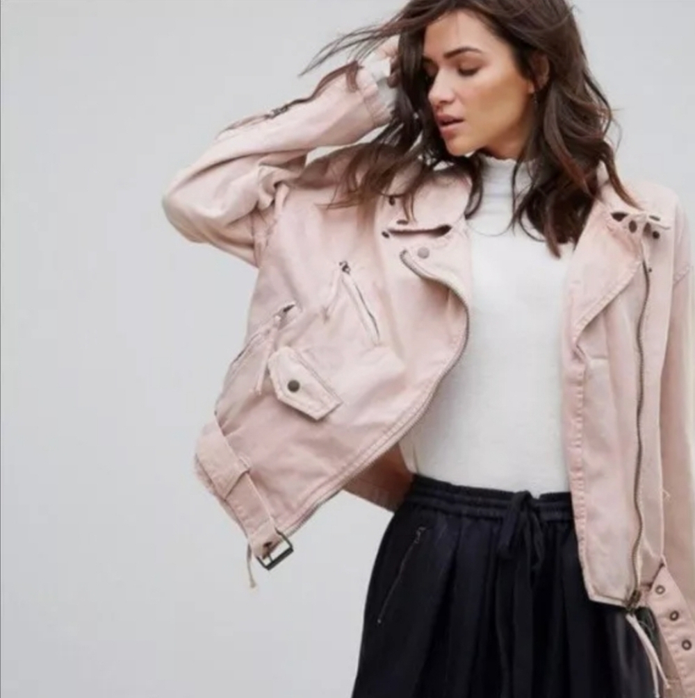 Free People Oversized Rose Moto Denim Jacket